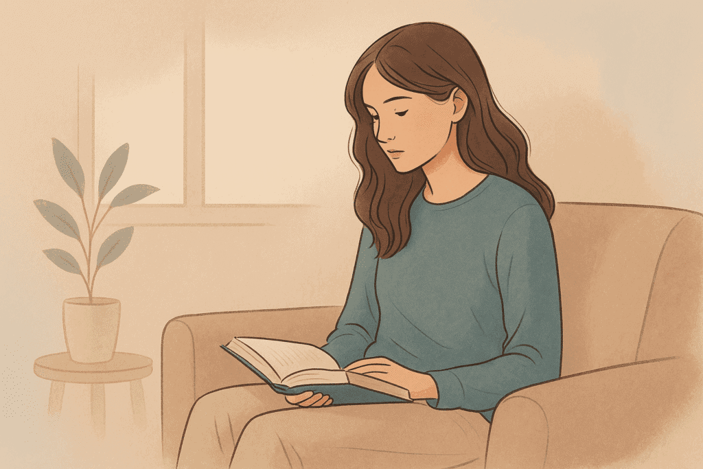 Zamyślona kobieta czytająca w cichym wnętrzu – ilustracja głębokiego przetwarzania u osób wysoko wrażliwych.