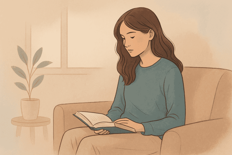 Zamyślona kobieta czytająca w cichym wnętrzu – ilustracja głębokiego przetwarzania u osób wysoko wrażliwych.