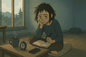 Ilustracja w stylu filmu animowanego przedstawia wyczerpaną młodą kobietę o rozczochranych włosach, siedzącą po turecku na beżowej poduszce w przyciemnionym, minimalistycznym pokoju. Kobieta podpiera głowę ręką, z wyraźnym zmęczeniem i znużeniem na twarzy, trzymając w drugiej ręce długopis nad otwartym dziennikiem. Na stoliku przed nią stoi parujący kubek, analogowy timer i wyciszony telefon. W tle duże okna ukazują przygaszony krajobraz z drzewami i górami. Kolorystyka obrazu jest chłodna i stonowana, co podkreśla nastrój wypalenia i przytłoczenia.