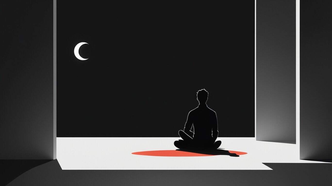 Minimalistyczna ilustracja przedstawiająca sylwetkę mężczyzny medytującego w spokojnej, pustej przestrzeni. Postać siedzi na białej podłodze z delikatnym czerwonym akcentem, patrząc w stronę ciemnego, spokojnego krajobrazu z księżycem. Obraz symbolizuje filozofię Less But Best - spokój umysłu, minimalizm i przestrzeń dla refleksji.
