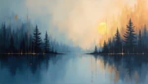 Nastrojowy, melancholijny pejzaż przedstawiający zamglone jezioro o świcie lub zmierzchu. Ciemne sylwetki drzew iglastych ustawiają się wzdłuż obu brzegów, idealnie odbijając się w spokojnej tafli wody. Po prawej stronie złote słońce lub księżyc przebija się przez mgłę, rzucając ciepłe bursztynowe światło, które kontrastuje z chłodnymi niebieskimi tonami dominującymi po lewej stronie obrazu. Malowidło ma marzycielski, kontemplacyjny charakter z cienkimi pionowymi liniami i delikatnymi złotymi akcentami, przywołując nordycką melancholię poprzez grę światła i cienia, samotności i piękna.