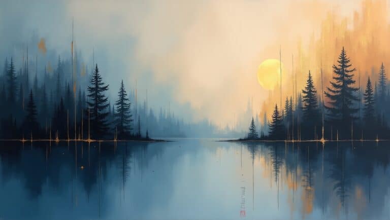 Nastrojowy, melancholijny pejzaż przedstawiający zamglone jezioro o świcie lub zmierzchu. Ciemne sylwetki drzew iglastych ustawiają się wzdłuż obu brzegów, idealnie odbijając się w spokojnej tafli wody. Po prawej stronie złote słońce lub księżyc przebija się przez mgłę, rzucając ciepłe bursztynowe światło, które kontrastuje z chłodnymi niebieskimi tonami dominującymi po lewej stronie obrazu. Malowidło ma marzycielski, kontemplacyjny charakter z cienkimi pionowymi liniami i delikatnymi złotymi akcentami, przywołując nordycką melancholię poprzez grę światła i cienia, samotności i piękna.