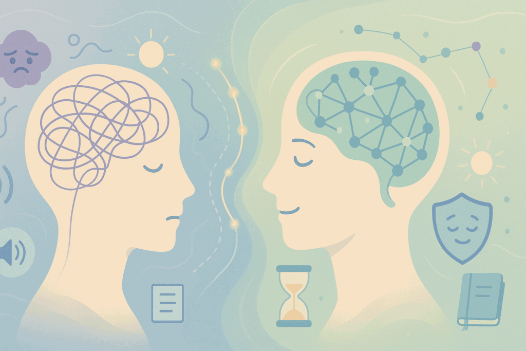 Minimalistyczna ilustracja dwóch profili ludzkich głów: z lewej – splątany mózg i symbole przeciążenia bodźcami; z prawej – uporządkowana sieć neuronowa i ikony spokoju. Pomiędzy nimi świetlista fala symbolizująca transformację przez neuroplastyczność.