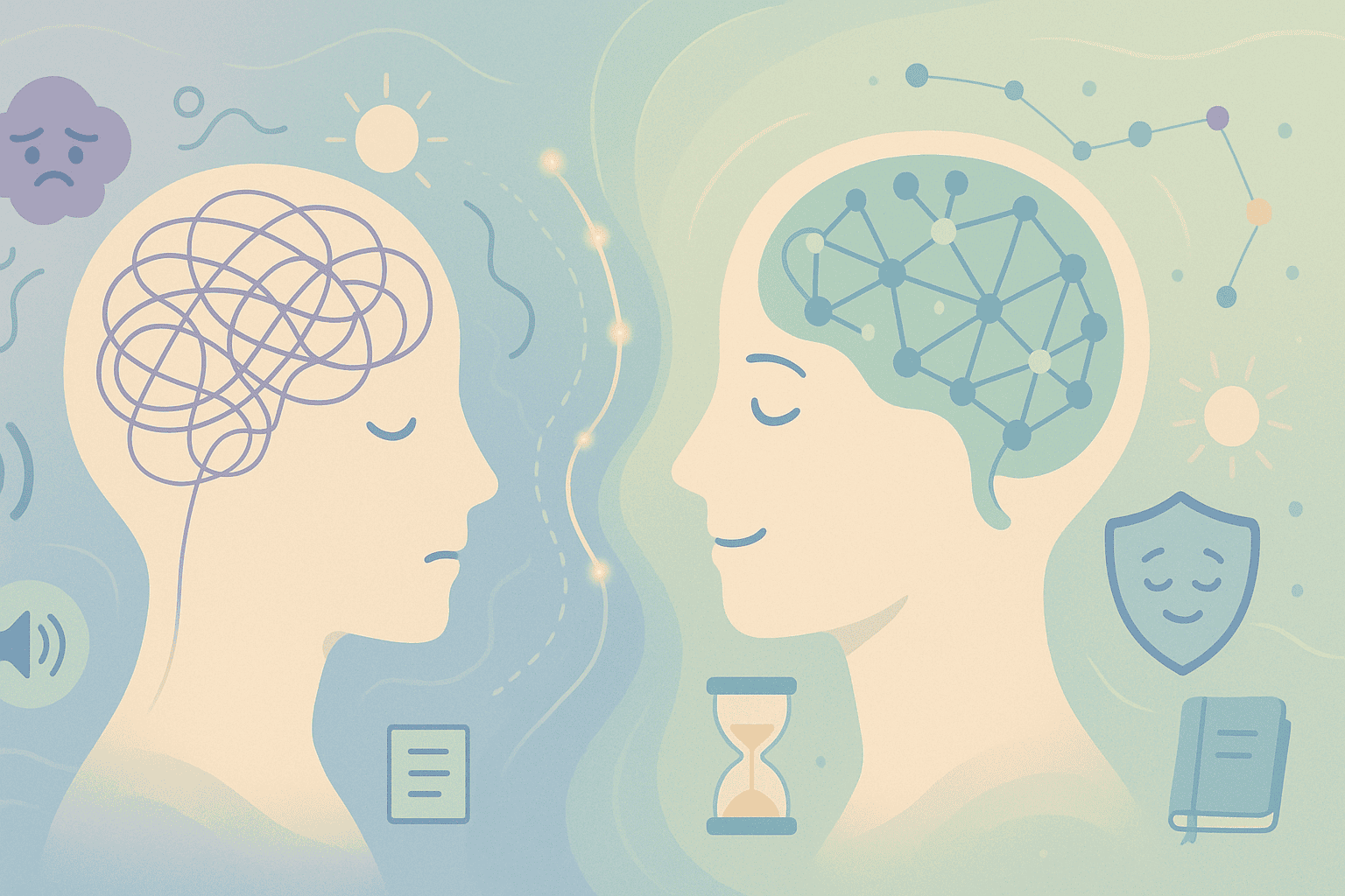 Minimalistyczna ilustracja dwóch profili ludzkich głów: z lewej – splątany mózg i symbole przeciążenia bodźcami; z prawej – uporządkowana sieć neuronowa i ikony spokoju. Pomiędzy nimi świetlista fala symbolizująca transformację przez neuroplastyczność.