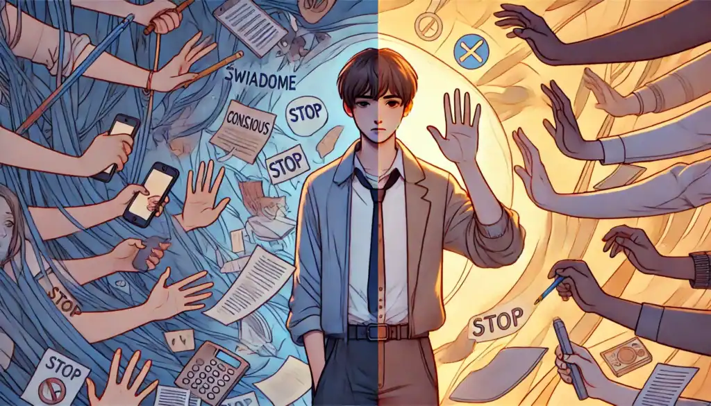 Ilustracja w stylu animowanym, w formacie 16:9, podzielona na dwie części. Po lewej stronie postać o przygarbionej postawie wygląda na przytłoczoną; otaczają ją liczne ręce z telefonami, dokumentami i zadaniami. Tło jest chaotyczne, utrzymane w chłodnych odcieniach niebieskiego i fioletu. Po prawej stronie ta sama postać stoi pewnie wewnątrz półprzezroczystej bańki symbolizującej granice. Jedną ręką wykonuje spokojny gest „stop”. Otoczenie jest uporządkowane, ciepłe, z elementami natury i symbolami dobrostanu. Obie strony łączy płynne przejście kolorów, sugerujące transformację.