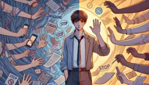 Ilustracja w stylu animowanym, w formacie 16:9, podzielona na dwie części. Po lewej stronie postać o przygarbionej postawie wygląda na przytłoczoną; otaczają ją liczne ręce z telefonami, dokumentami i zadaniami. Tło jest chaotyczne, utrzymane w chłodnych odcieniach niebieskiego i fioletu. Po prawej stronie ta sama postać stoi pewnie wewnątrz półprzezroczystej bańki symbolizującej granice. Jedną ręką wykonuje spokojny gest „stop”. Otoczenie jest uporządkowane, ciepłe, z elementami natury i symbolami dobrostanu. Obie strony łączy płynne przejście kolorów, sugerujące transformację.